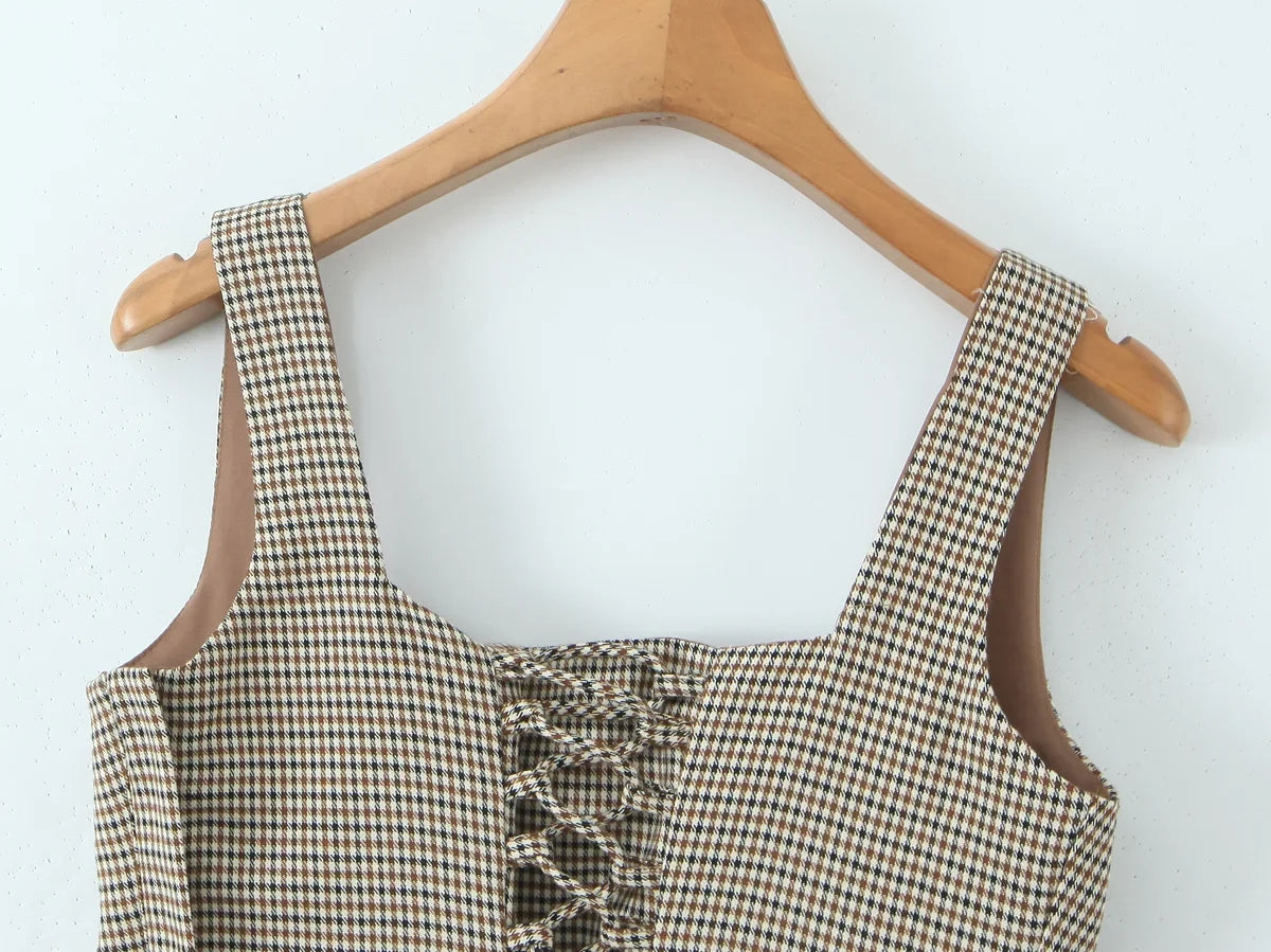 YENKYE 2025 Women Versatile Slim Brown Plaid Tight Corset Top Lacing Up Bandage Back High Street Summer Tank Top