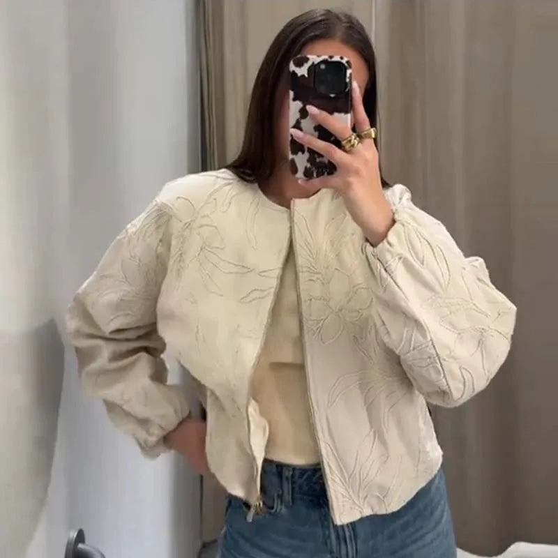 YENKYE 2025 Women O Neck Long Sleeve Embroidery Jacket Front Zipper Loose Crop Bomber Outerwear Lady Commuting Casual Outfits