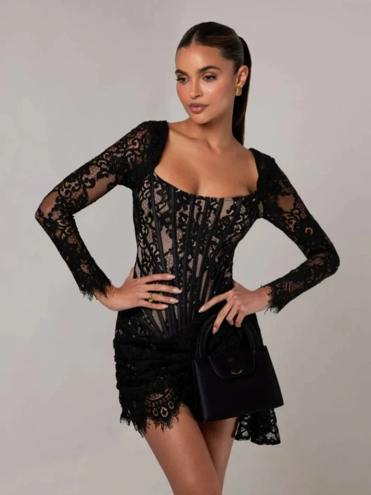 Sexy Long Sleeve Lace Corset Draped Mini Dress Women Black Square Collar Backless Ruched Bodycon Celebrity Party Runway Dress