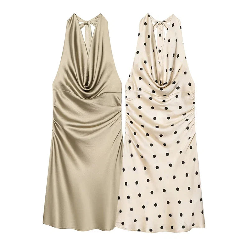 YENKYE Women's Satin Halter Neck Polka Dot Mini Dress Ruched Waist Sexy Backless Cocktail Party Dresses