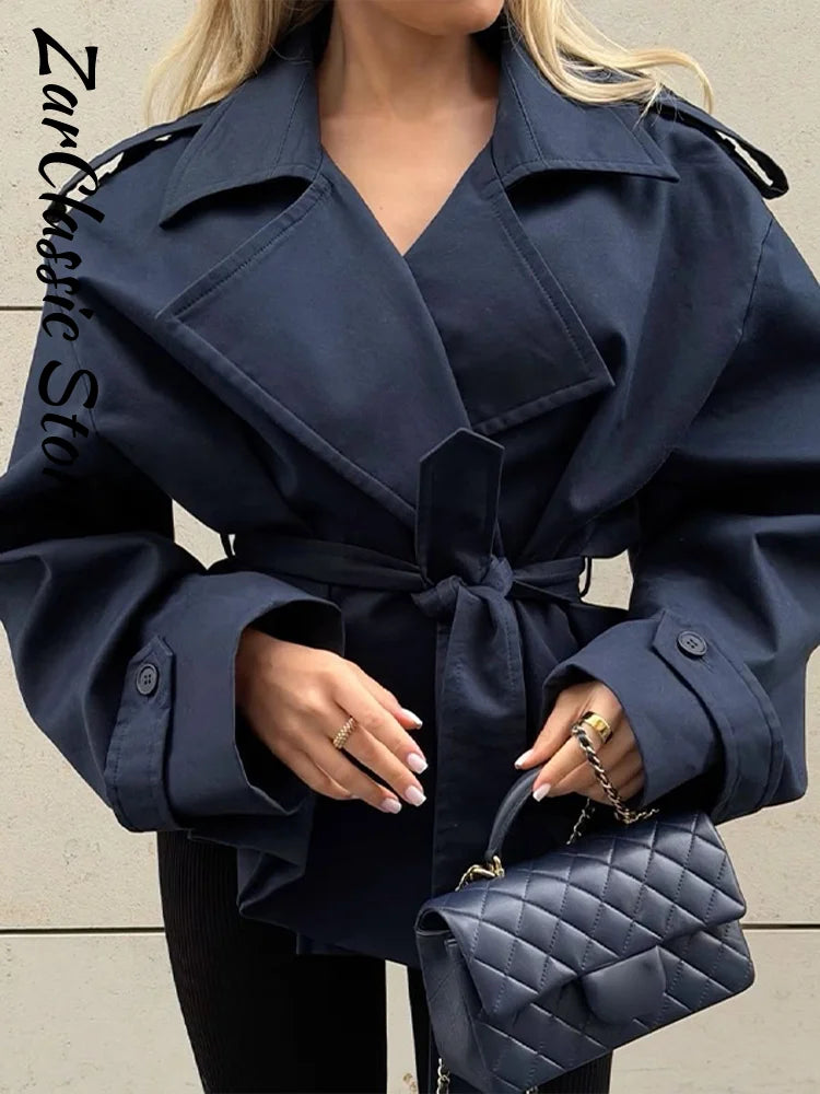Street Lace Up Trench Coats Women Long Sleeve Lapel Waist Cinching Cropped Windbreaker Female Autumn Lady Elegant Casual Jacket