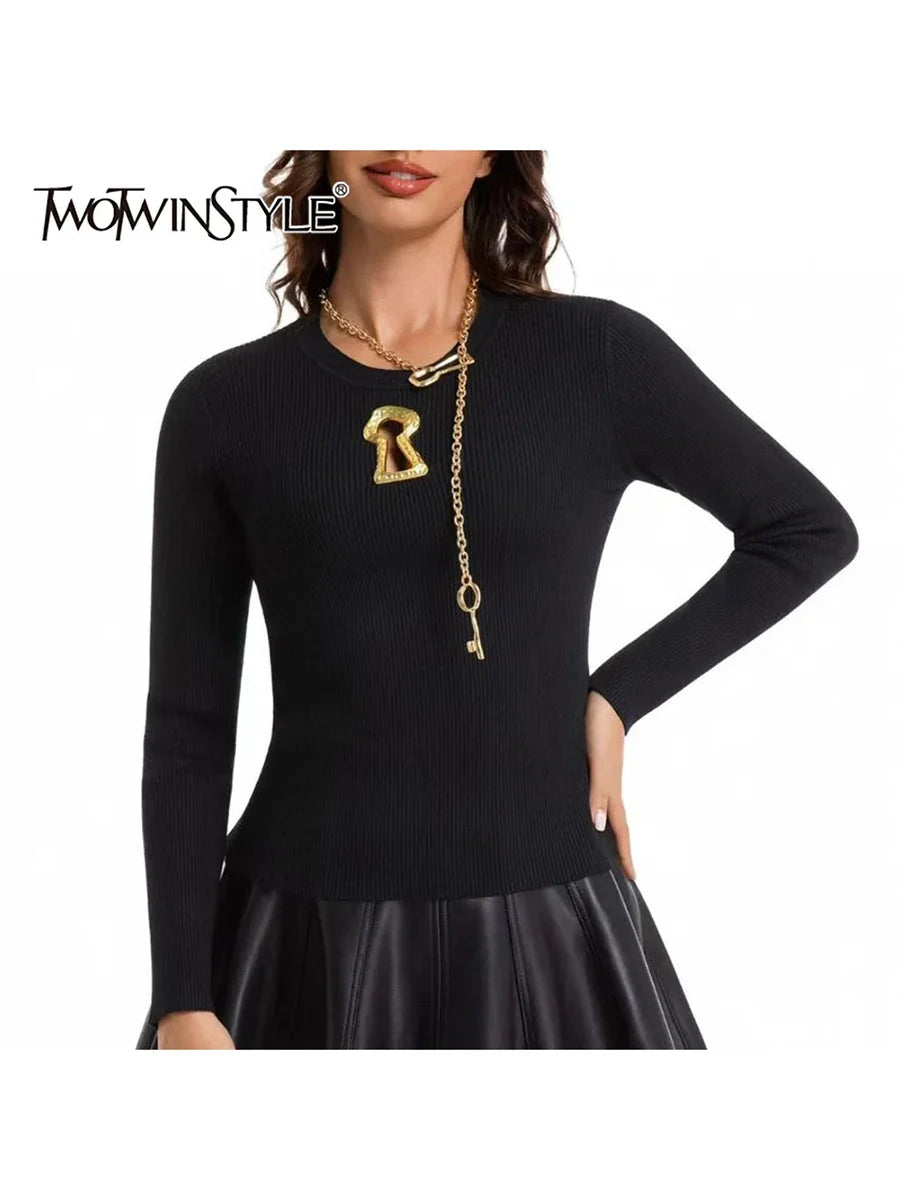 TWOTWINSTYL Solid Slimming Spliced Sequined Basics Sweaters for Women Round Neck Long Sleeves Hollow Out Casual Sweater Female