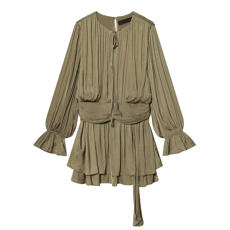 YENKYE New 2026 Women Pleated Satin Mini Dress Long Sleeve Spring Vestidos Casual Outings