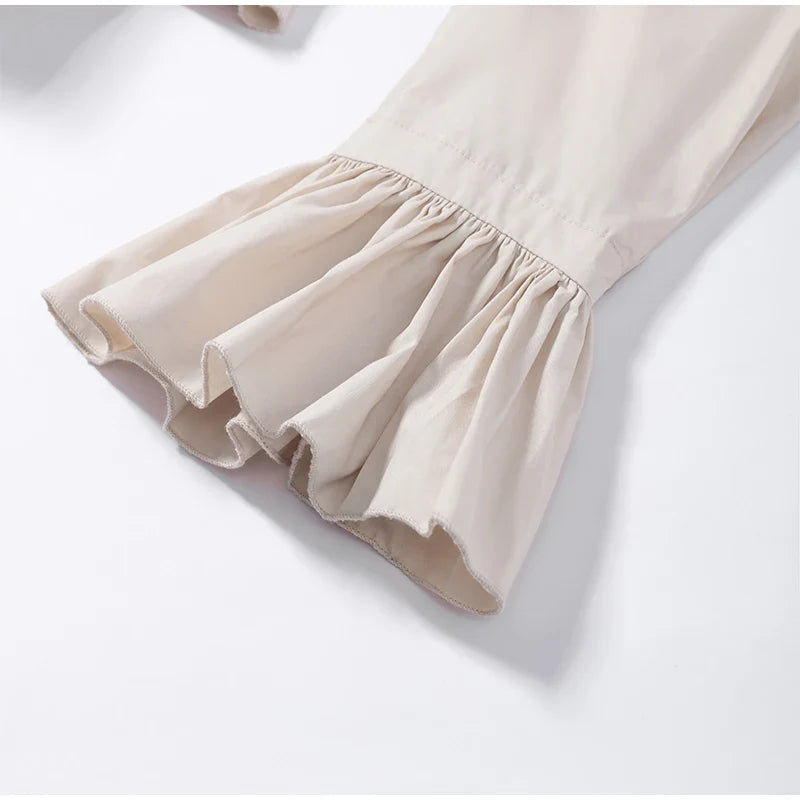 Fashion Street Ruffle Women's Blouse Solid Single Breasted Full Sleeve Pleated Cropped Shirt Lady New Casual Spring Clothing