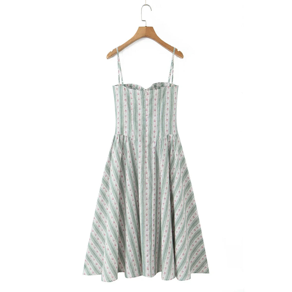 YENKYE Green Striped Floral Print Sexy Spaghetti Straps Dresses Women Elegant A-line Midi Vacation Party Dresses Summer Robe