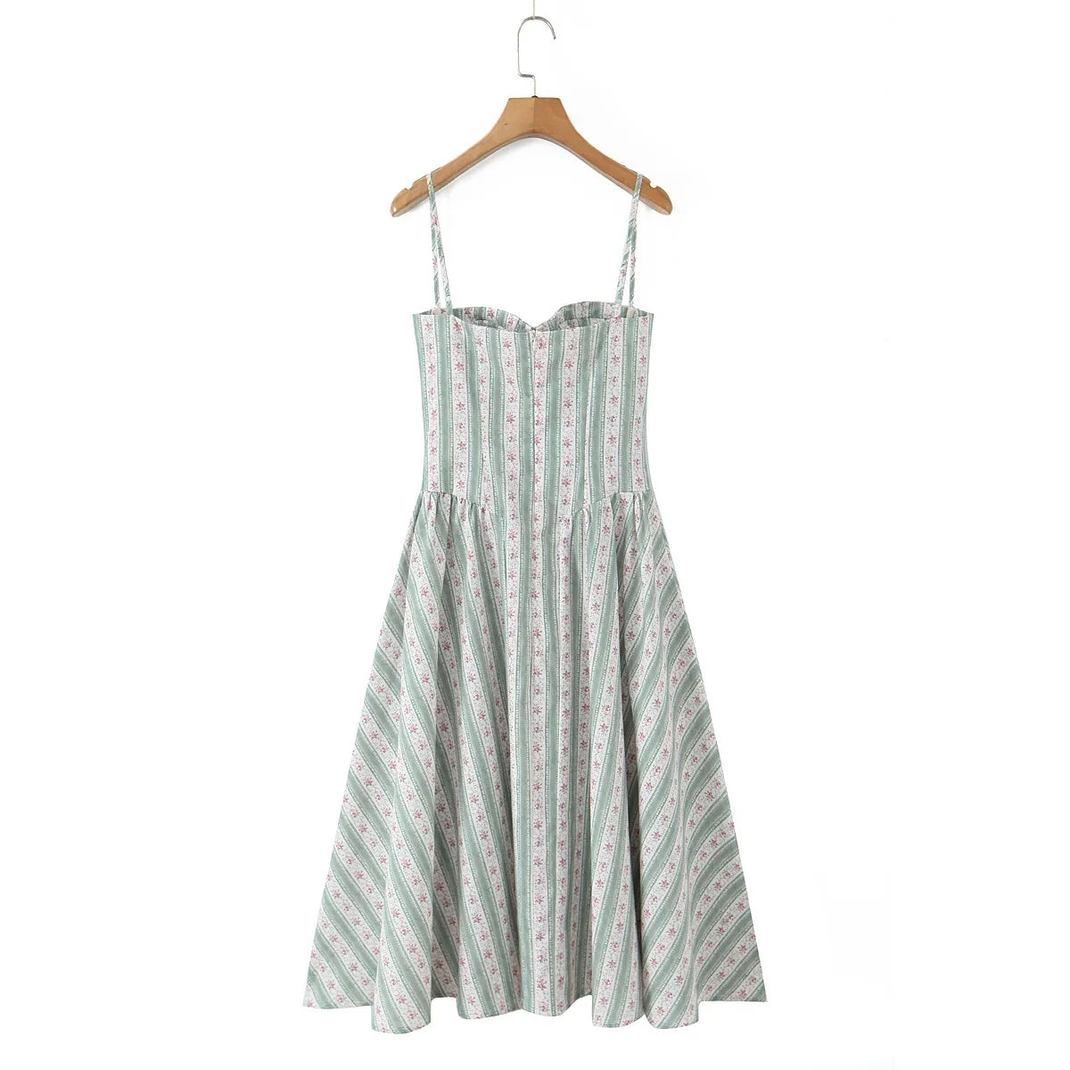 YENKYE Green Striped Floral Print Sexy Spaghetti Straps Dresses Women Elegant A-line Midi Vacation Party Dresses Summer Robe
