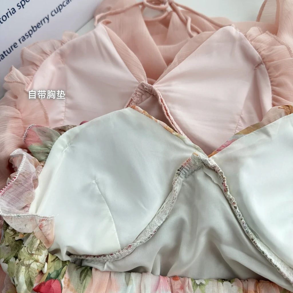 Summer French Vintage Mini Fairy Chiffon Floral Lantern Sleeve Dress Women Mori Romantic Frock Evening Court One-Piece Gyaru New