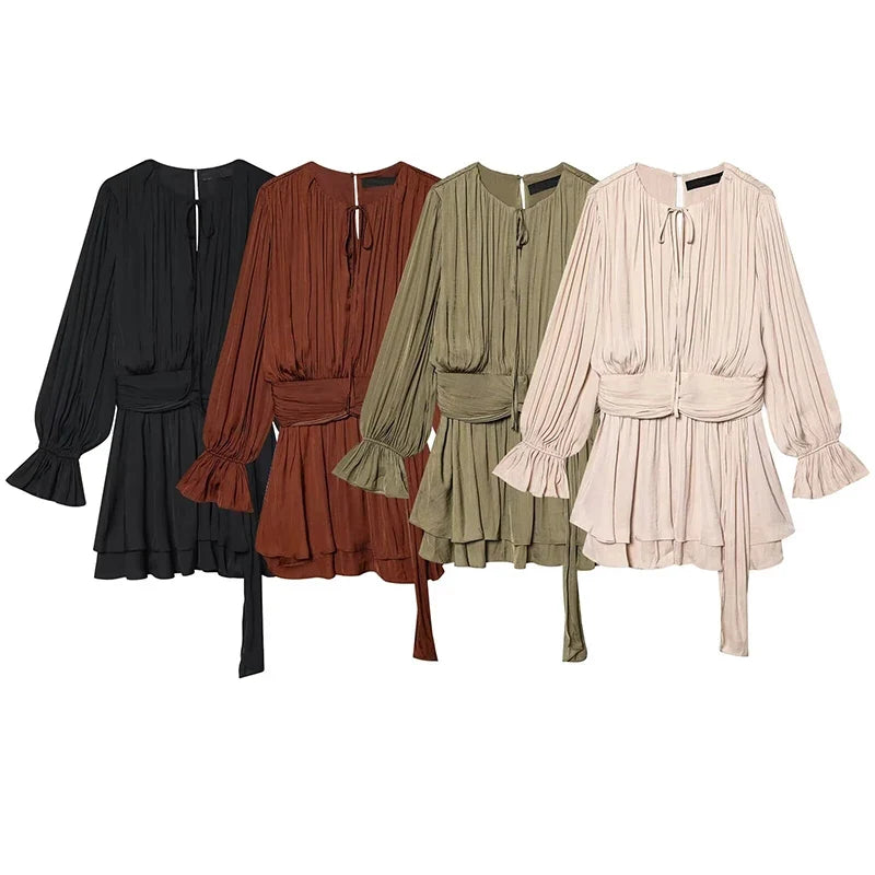 YENKYE New 2026 Women Pleated Satin Mini Dress Long Sleeve Spring Vestidos Casual Outings