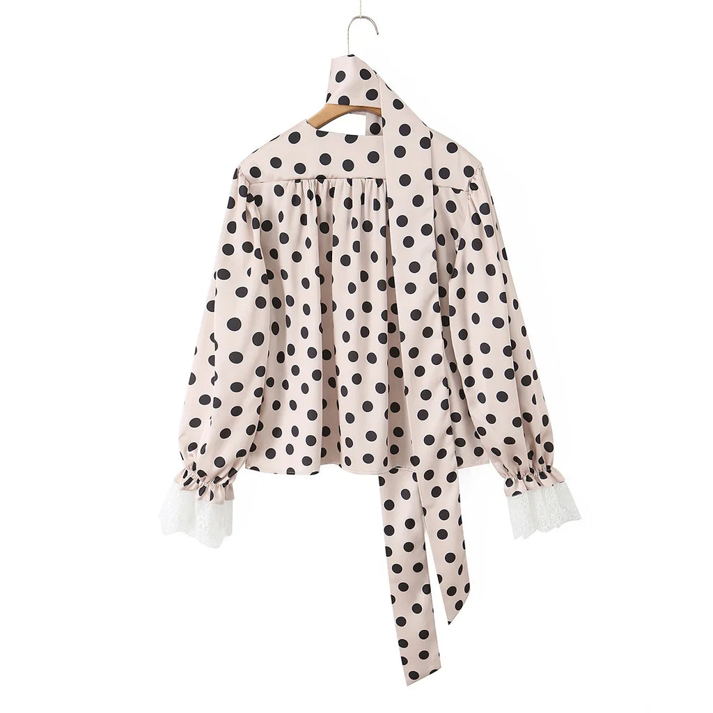 2026 New Women's Polka Dot 2 Piece Outfit V Neck With Scarf Blouse + High Waist Lace Trim Mermaid Maxi Skirt Elegant Vintage Set