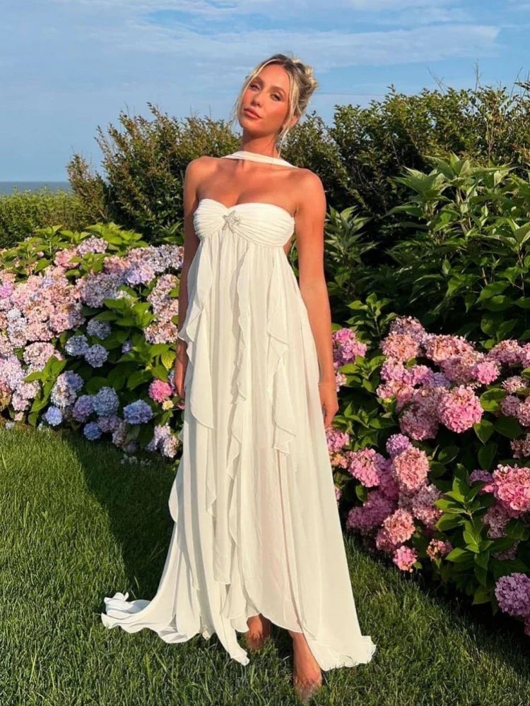 Sexy Halter Neck Folds Irregular Ruffles Long Dress Women Sleeveless Backless With Diamonds Stars Pin Dresses Party Beach Evenin