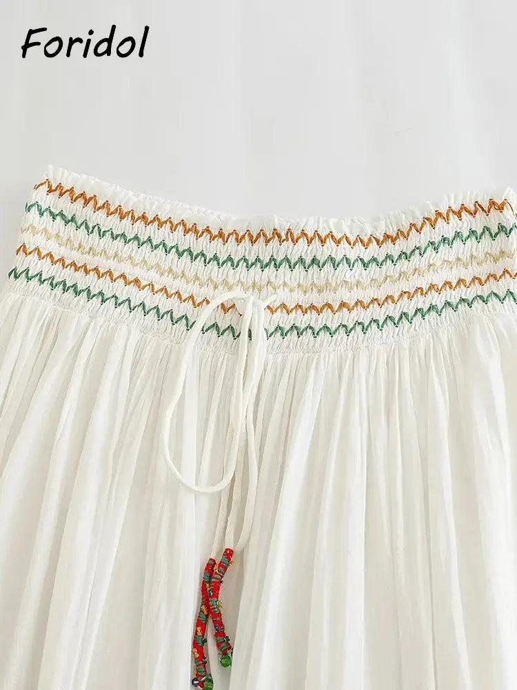 Foridol Marine Organism Embroidery Batwing Sleeve Summer Spring Maxi Skirt Set Cotton White Tassle Dress Set Outfits Button Suit
