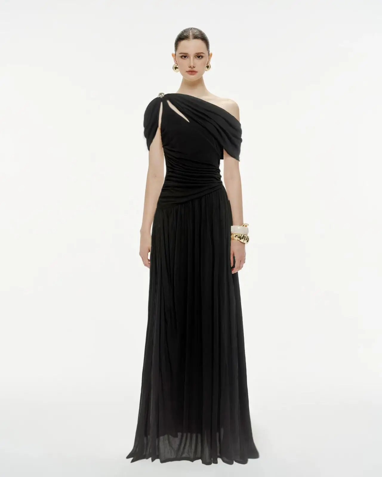 DEAT Elegant Dress Asymmetrical Pleated Long Hollow Out Solid Color Women's Evening Party Dresses 2026 Spring New Tide 35Z4129