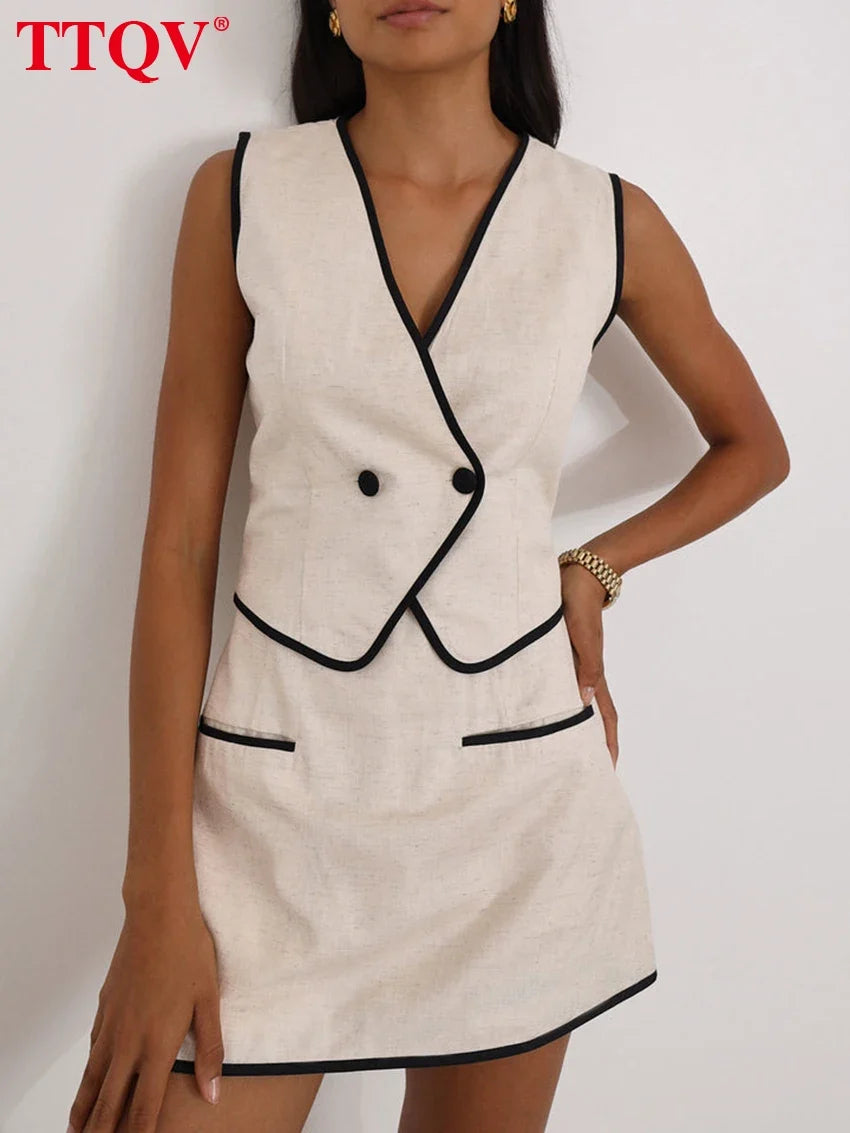 TTQV Summer Slim Khaki Cotton 2 Piece Set Woman Outfit 2025 Fashion Sleeveless Crop Top With High Waist Shorts Set Streetwear