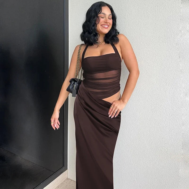 Cryptographic Elegant Halter Sexy Mesh Sheer Cut Out Maxi Dress Club Party Long Dresses Outfits Asymmetrical Ruched Gown Summer