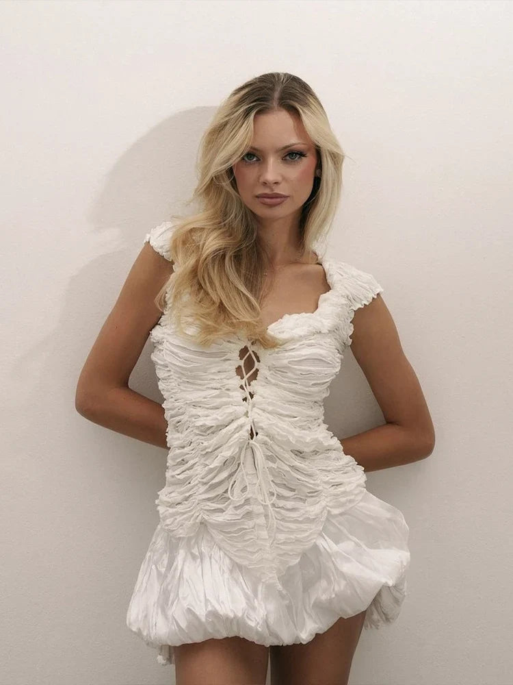 Nibber Sexy Placket Women Waistcoat Lace-Up Multi-Folded One Shoulder Solid Irregular Hem Simple Versatile Summer New Trend Tops