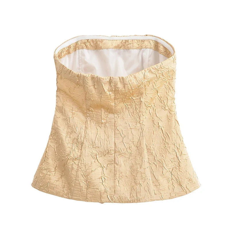 YENKYE New Fashion Women Front Knot Wrinkled Satin Strapless Tops Chic Party Crop Top Streetwear ropa de mujer 2025