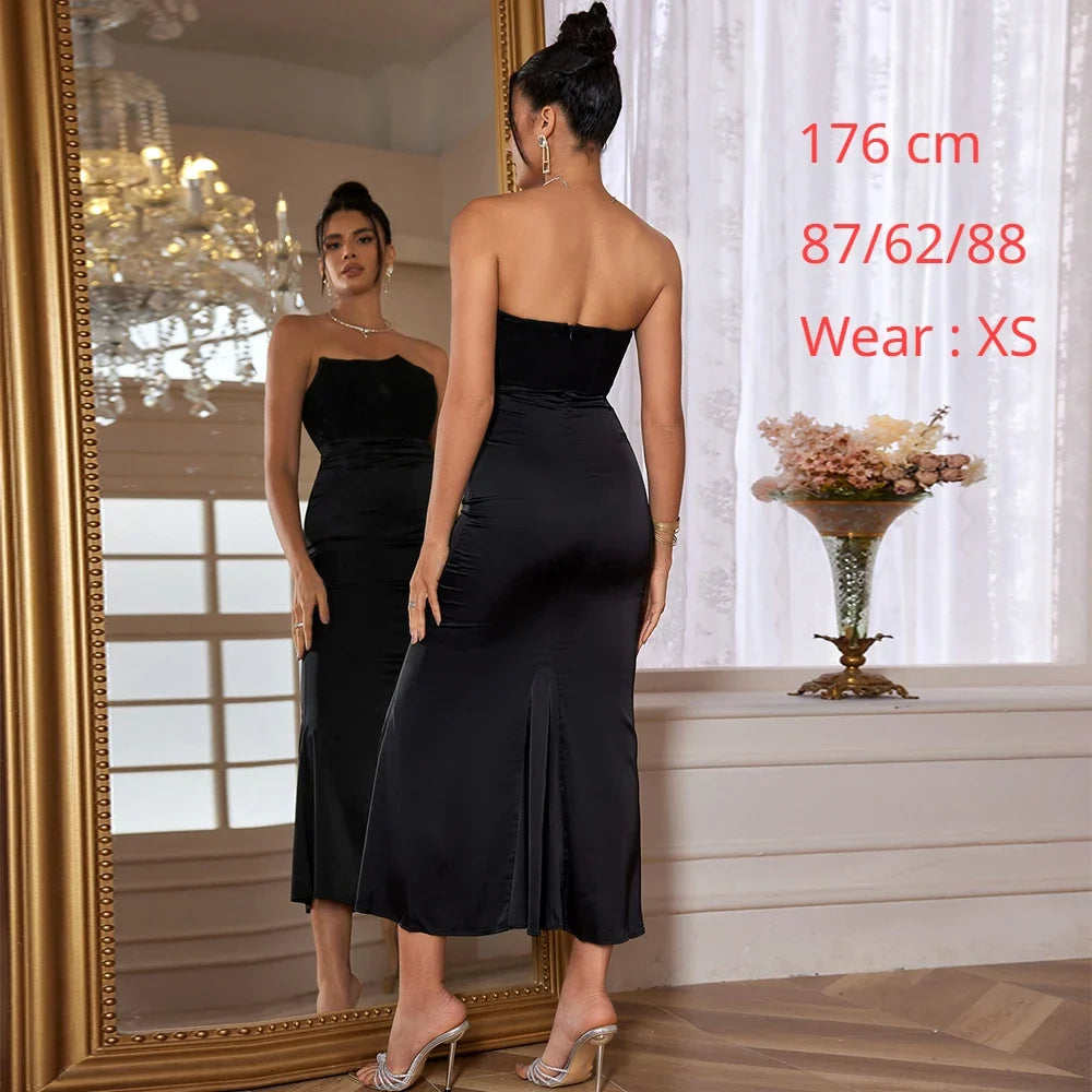 Dropshipping  Black Maxi Wedding Guest Dress Women Strapless Velvet Boning Corset Party Dress Sexy  Long Formal Occasion Dress