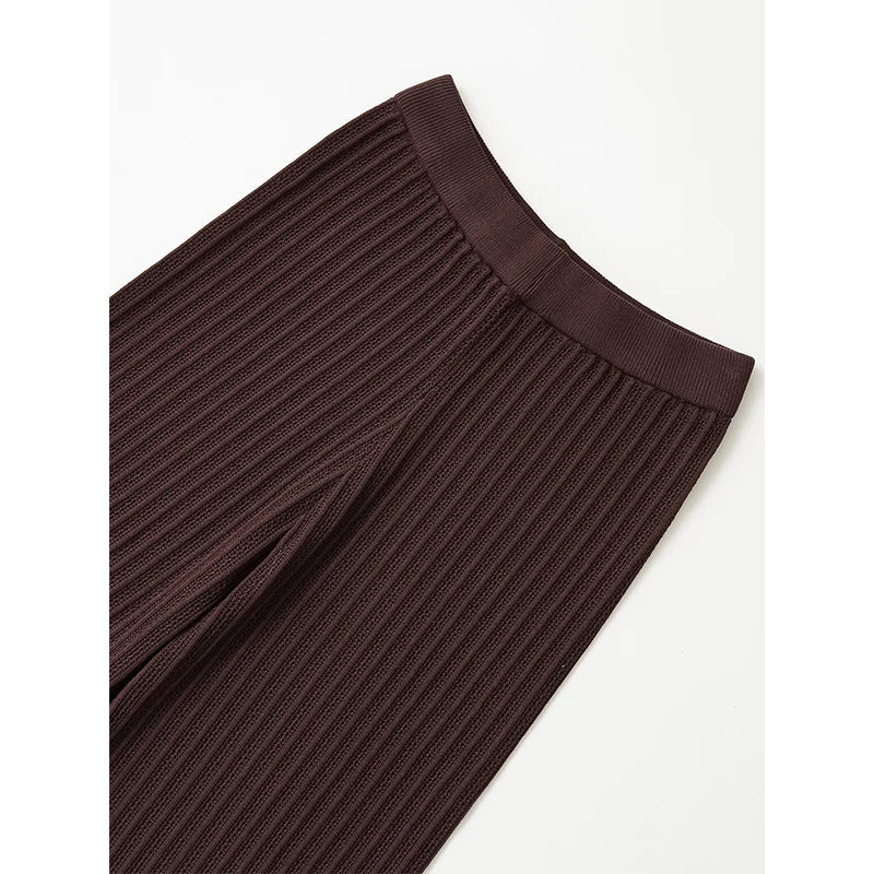 YENKYE New 2025 Women Vintage Elastic High Waist Hollow Out Knit Wide Leg Pants Female Brown Loose Casual Trousers pantalones