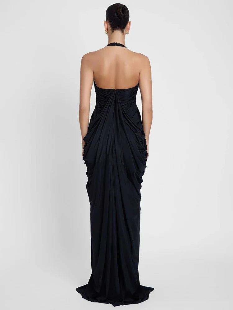 VC Black Halter Neck Backless Maxi Dress Women Deep V Neck Draped Elegant Evening Party Long Dress Summer Beach Gown Vestido