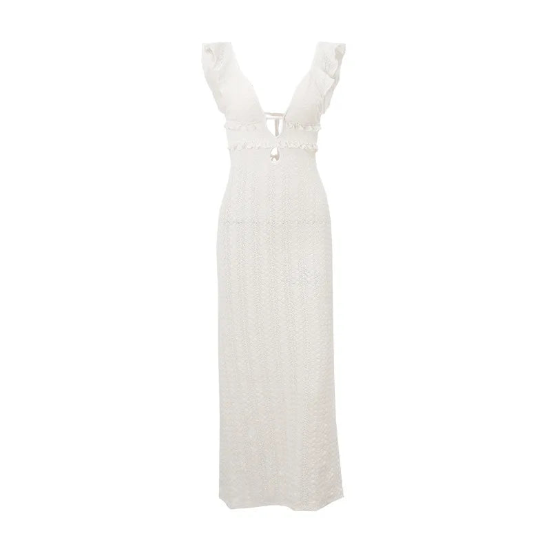 Apricot Hollow Out Maxi Dress Women Sexy See Through Backless Slim Beach Dress Summer Fashion Ruffle Holiday Party Dress 2024