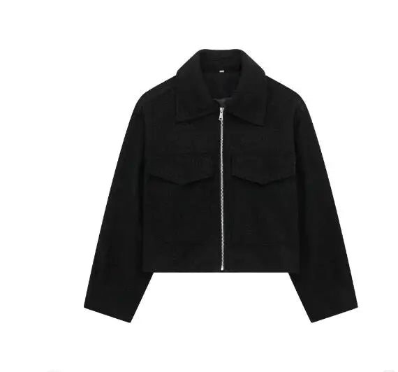 2024 Women's Elegant Solid Coat Zipper Long Sleeve Pocket Bomber Jacket Female Casual Soft Woolen Loose Streetwear Coats