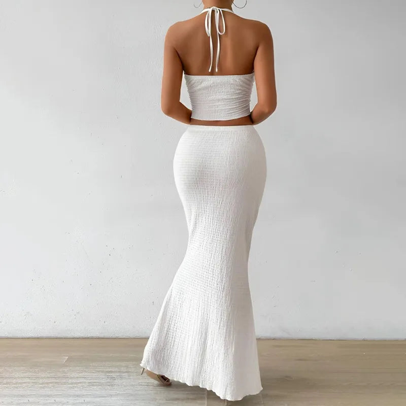 Tuularose White Long Skirt Two Piece Summer Sexy Twist Lace-up Vest Top Tight Long Skirt Set Elegant 2025 Female Long Dress Sets