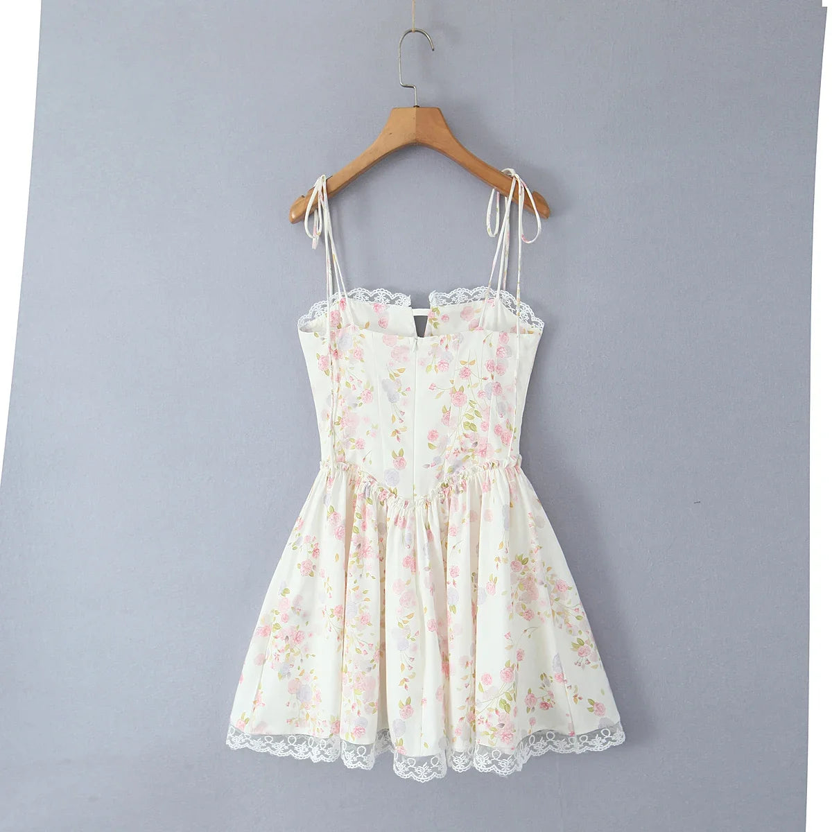 2025 Sexy Floral Print Spliced Lace Collar Corset style Lacing up Sling Dress Women Wood ears Low Waist Swing Mini Dresses Robe