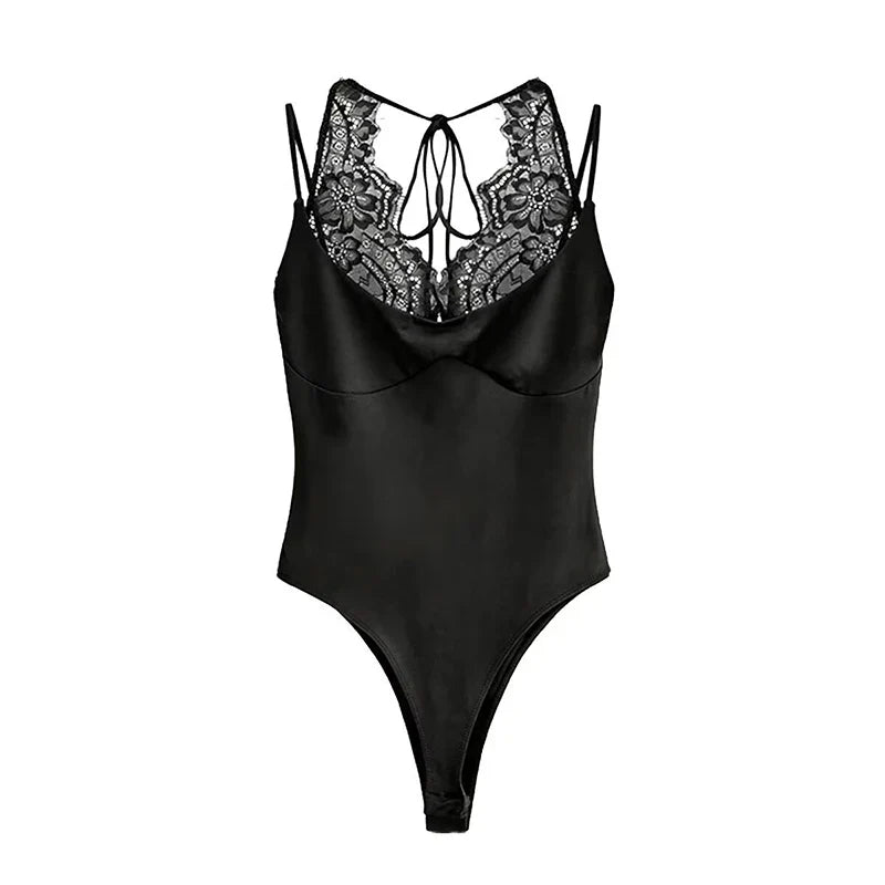 YENKYE Lace Patchwork Sexy Bodysuit Women O Neck Thin Straps Summer Tops
