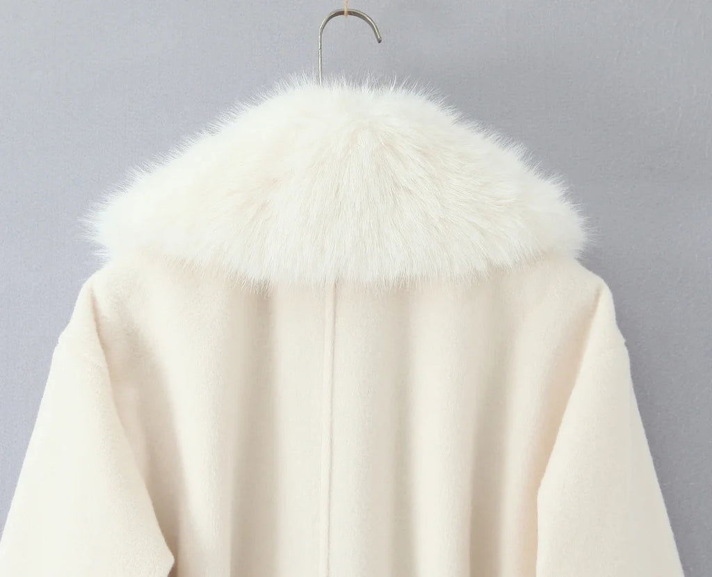 New Autumn Winter Black Shaggy Faux Fur Lapel Collar Woolen Coat Women Bow Sashes Long Sleeve No Button Midi Trench Outerwear