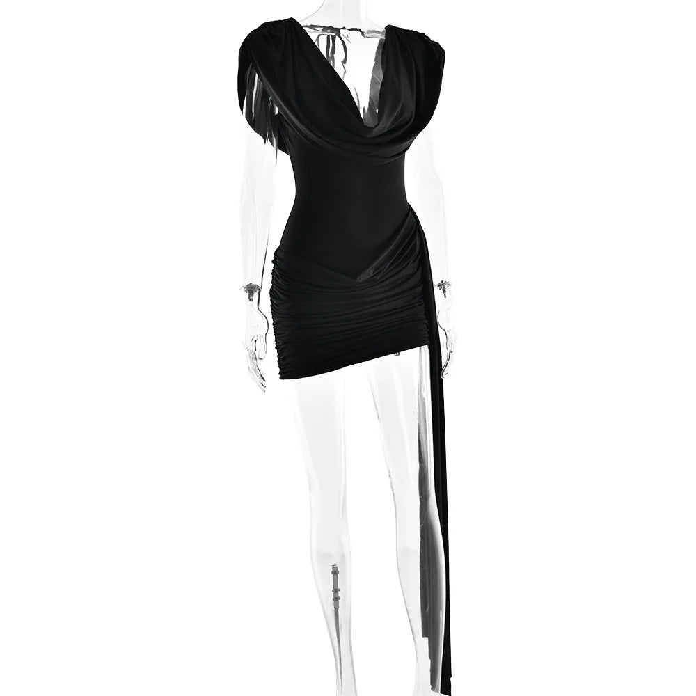 Cryptographic Elegant Ruched Draped V Neck Mini Dress Party Club Sexy Outfits for Women Sleeveless Sexy Bodycon Dresses Solid