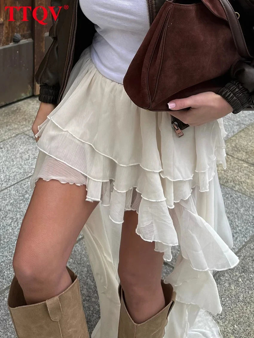 TTQV Casual Apricot Loose Skirts For Women Fashion High Waisted Pleated Skirts Elegant Thin Floor-Length Skirt Female Clothing