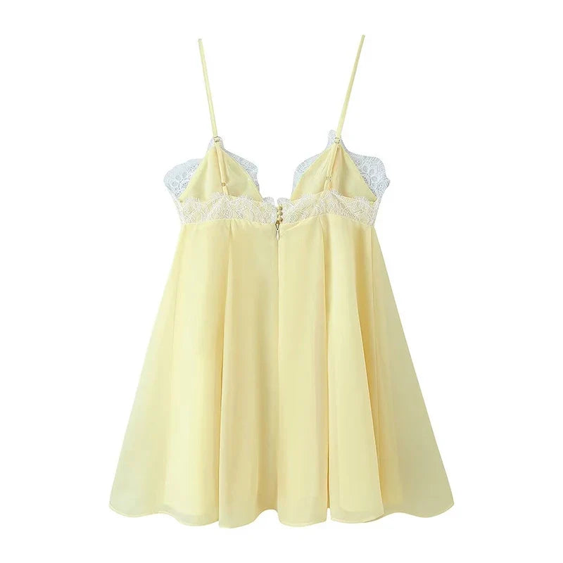YENKYE New 2026 Sexy Spaghetti Straps Lace Trim Yellow Short Dresses Women V Neck A-line Beach Holiday Summer Vestidos