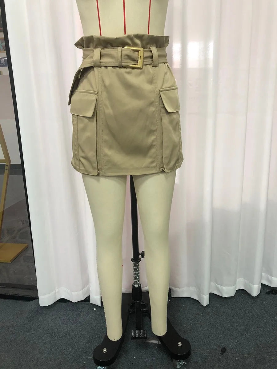 TWOTWINSTYLE Solid Spliced Belt Temperament Skirts for Women High Waist Patchwork Pockets Design Sense Skirt Female Clothing New