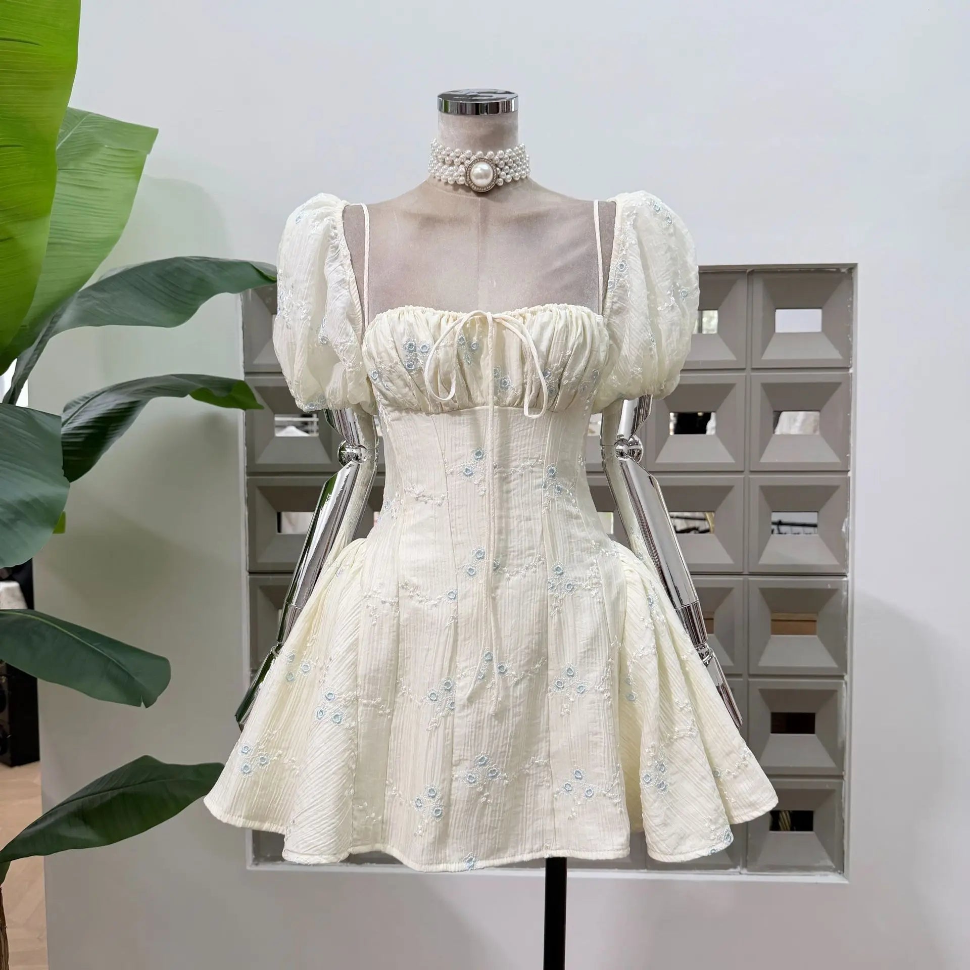 Summer Puff Sleeve Square Neck Corset Mini Dress Floral Embroidery A Line Sexy Party Homecoming Cocktail Women Casual Dresses