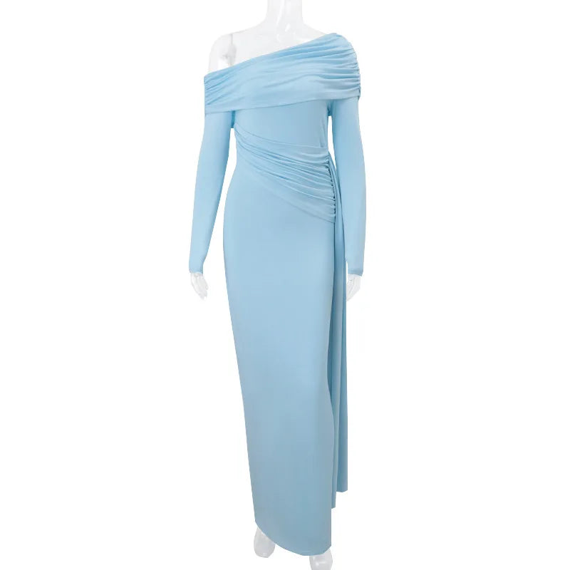 Cryptographic Elegant Asymmetrical Ruched Maxi Dress Party Club Outfits for Women Long Sleeve Sexy Bodycon Maxi Dresses Gown