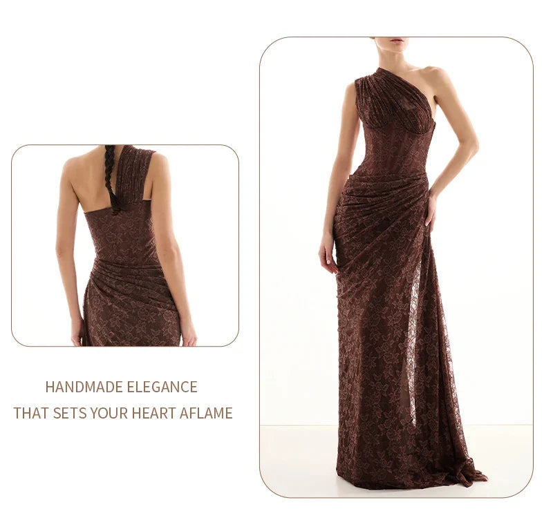 VC 2026 Yellow One Shoulder Corset Lace Maxi Dress For Women Side Ruched High Slit Wedding Guest Bridesmaid Formal Dress