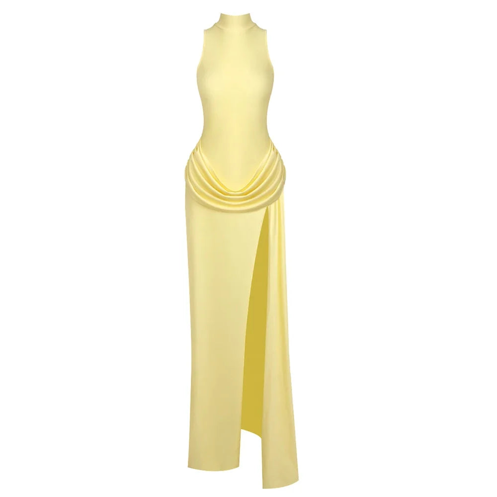 VC 2026 Yellow High Neck Sleeveless Draped Waist Maxi Dress High Side Slit Bodycon Train Mermaid Prom Evening Gown