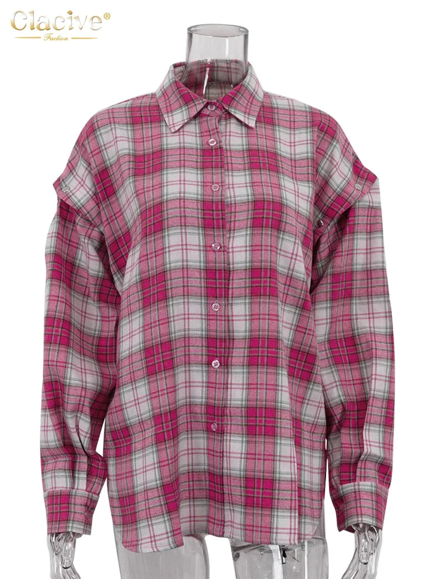 Clacive Fashion Loose Plaid Office Women's Shirt Vintage Lapel Long Sleeve Shirts Elegant Classic Blouse Top Female Clothing