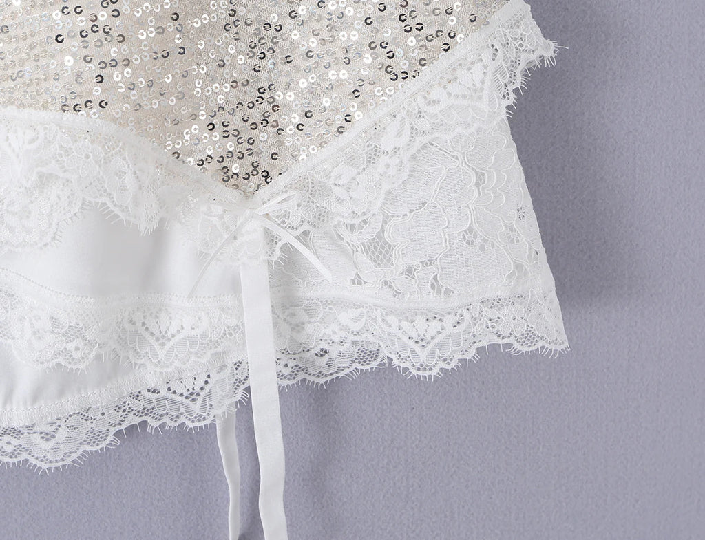 2026 Summer Women White Spliced Silver Sequins Mini Skirt Package Hips 2 Layers Rope Hem Short Skirts Femme Bottom