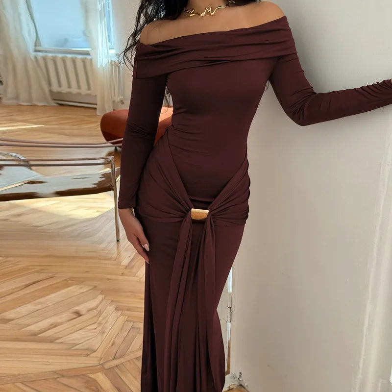 Cryptographic Elegant Off Shoulder Ruched Maxi Dress Women Party Club Outfits Autumn Long Sleeve Bodycon Dresses Gown Clothes