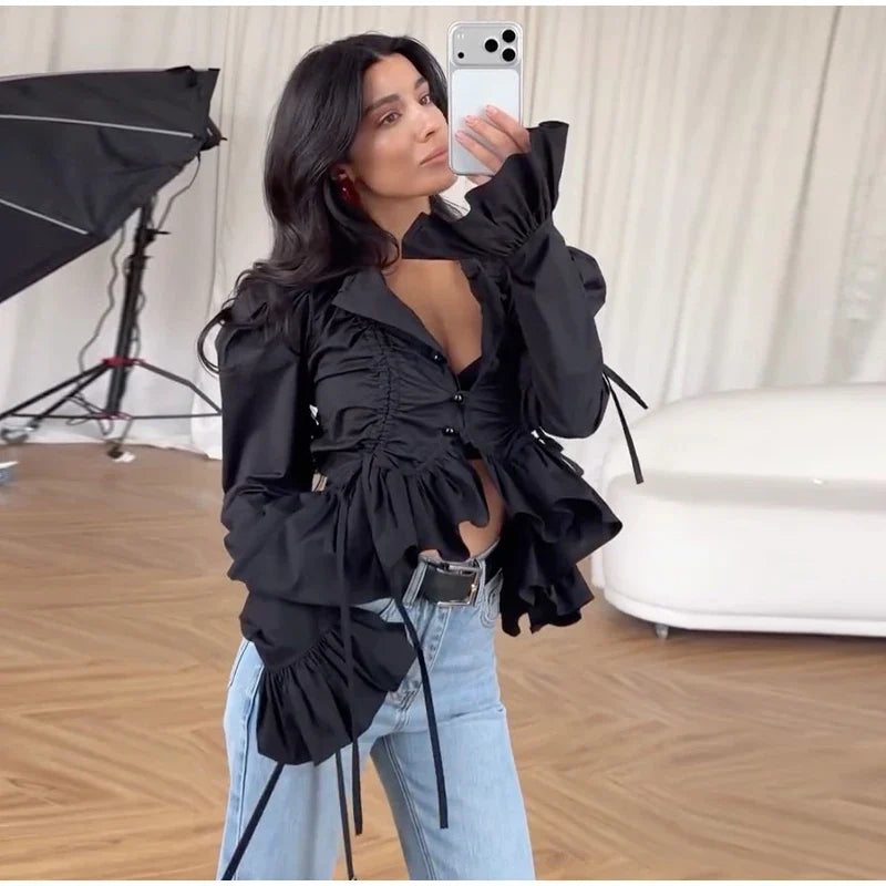 Fashion Street Ruffle Women's Blouse Solid Single Breasted Full Sleeve Pleated Cropped Shirt Lady New Casual Spring Clothing