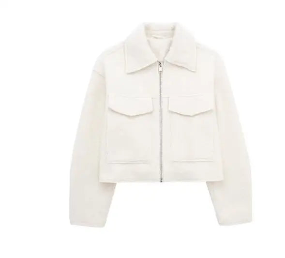 2024 Women's Elegant Solid Coat Zipper Long Sleeve Pocket Bomber Jacket Female Casual Soft Woolen Loose Streetwear Coats