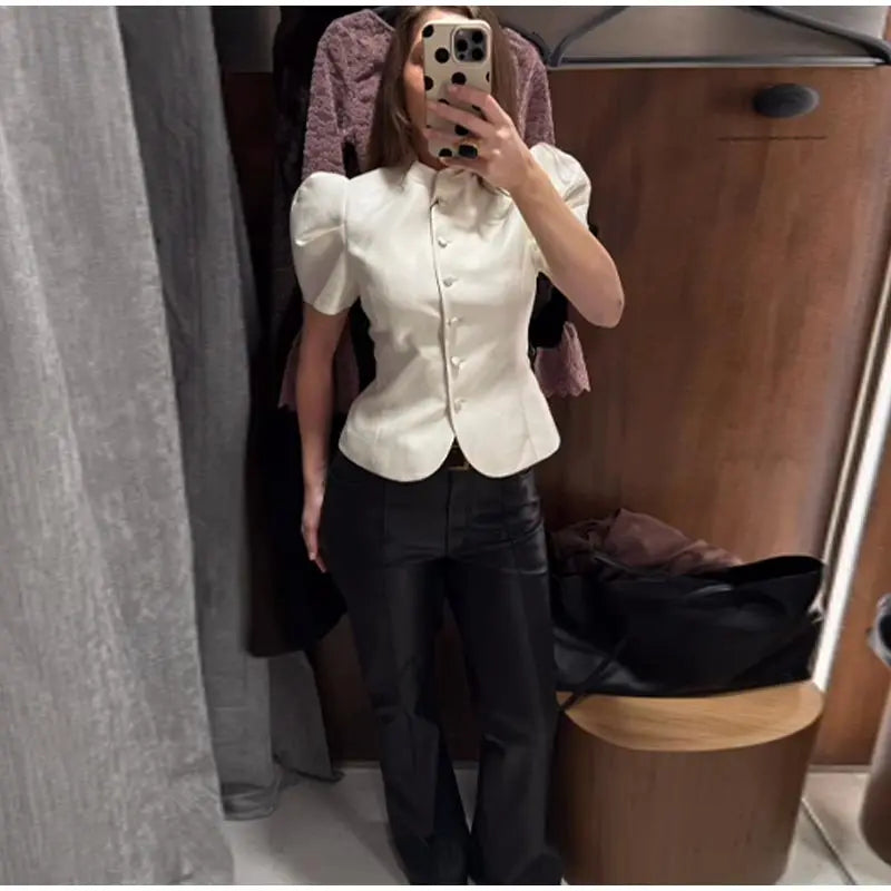 Fashion Street Ruffle Women's Blouse Solid Single Breasted Full Sleeve Pleated Cropped Shirt Lady New Casual Spring Clothing