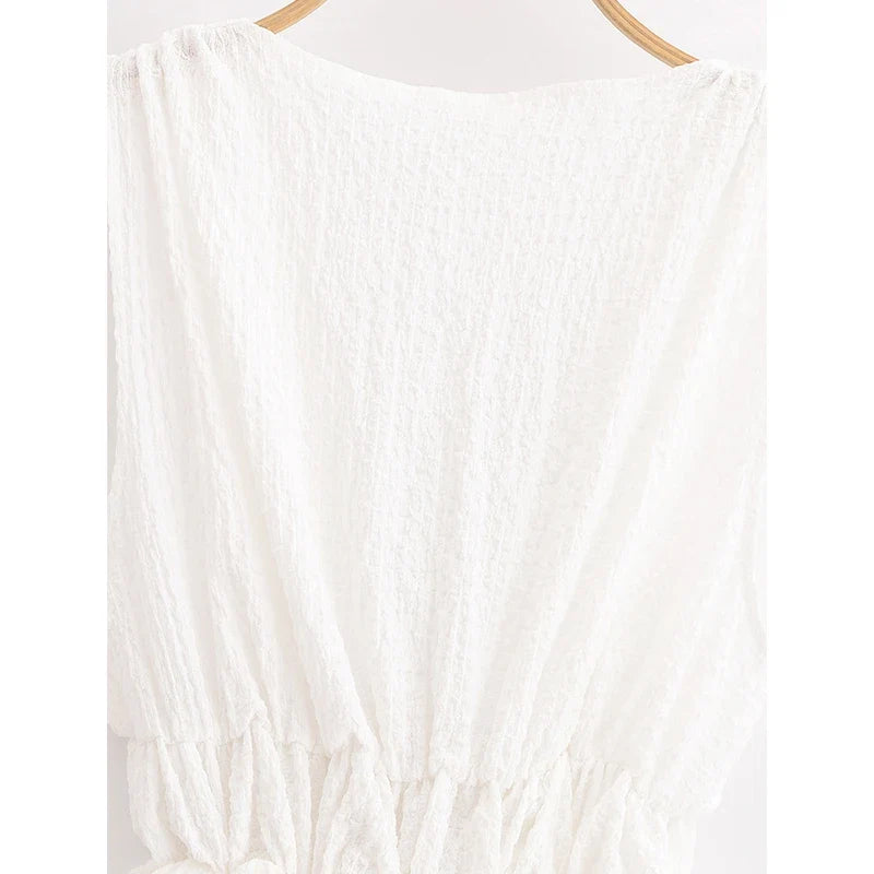 YENKYE 2025 Women Contrasting Bow White Tank Top Sleeveless Deep V Neck  Elastic Waist  Balloon Hem Summer Crop Top
