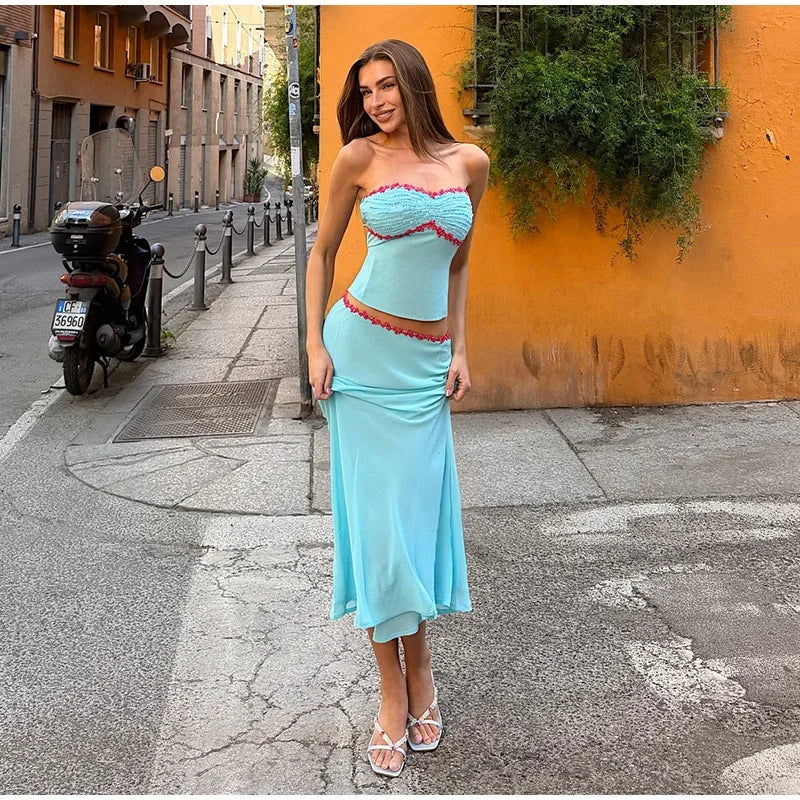 Sexy Sequins Cropped Top Long Skirt Sets Women Sleeveless Backless Lace Up Tank Slim Skirts 2026 Summer Beach Vacation Outfits