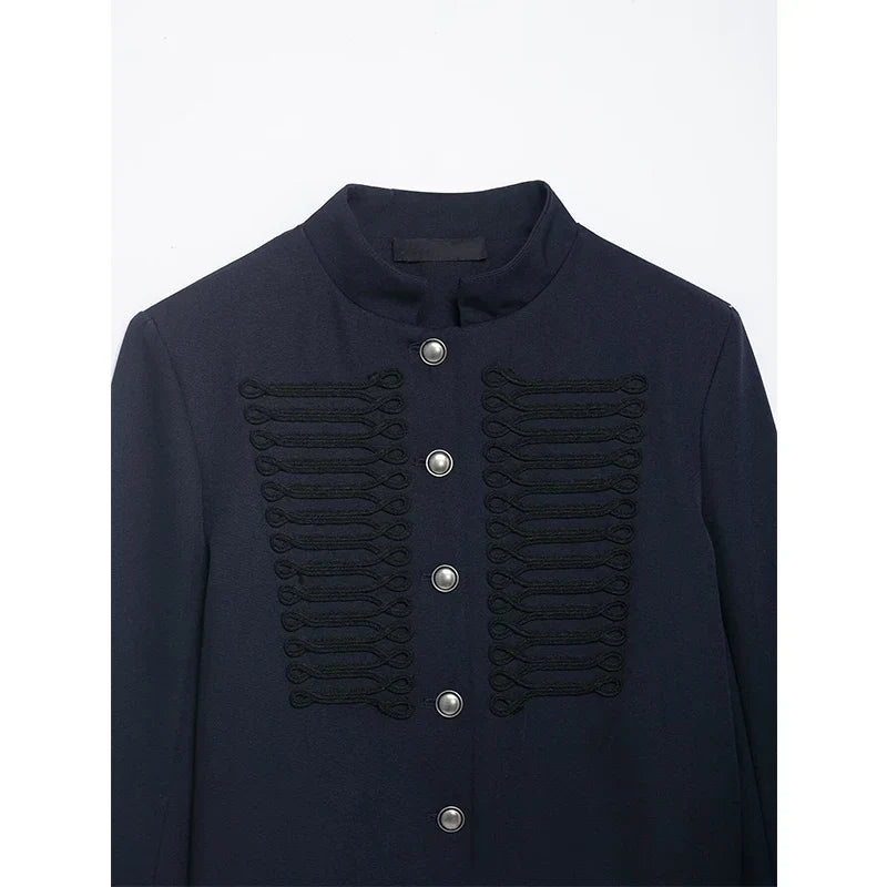 YENKYE 2026 New Women's Navy Blue Single Breasted Crop Jacket Long Sleeve Vintage Casual Coat For Daily Office