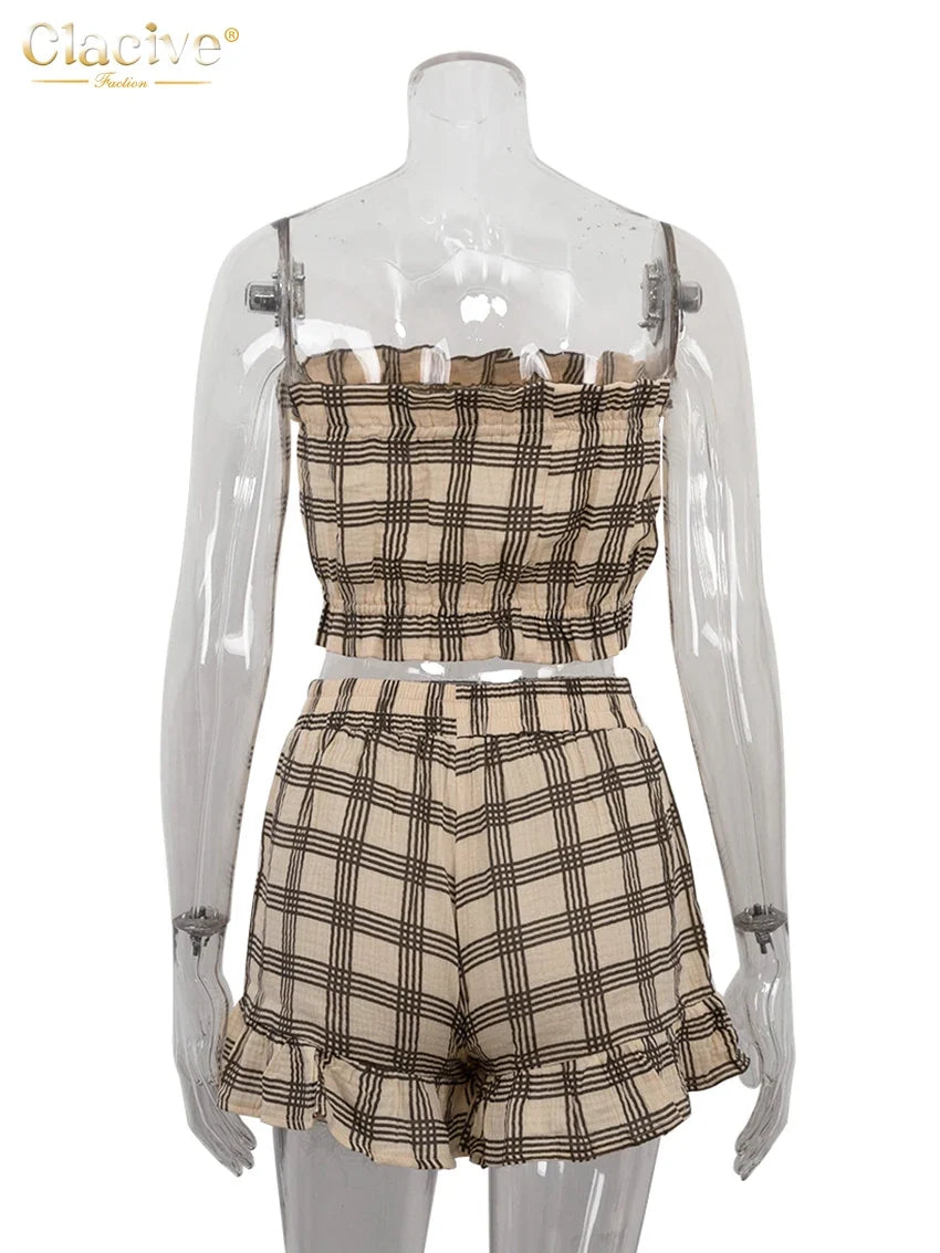 Clacive Fashion Loose Plaid Cotton Shorts Sets For Women 2 Piece Elegant Long Sleeve Shirt + Tube Top With High Waist Shorts Set