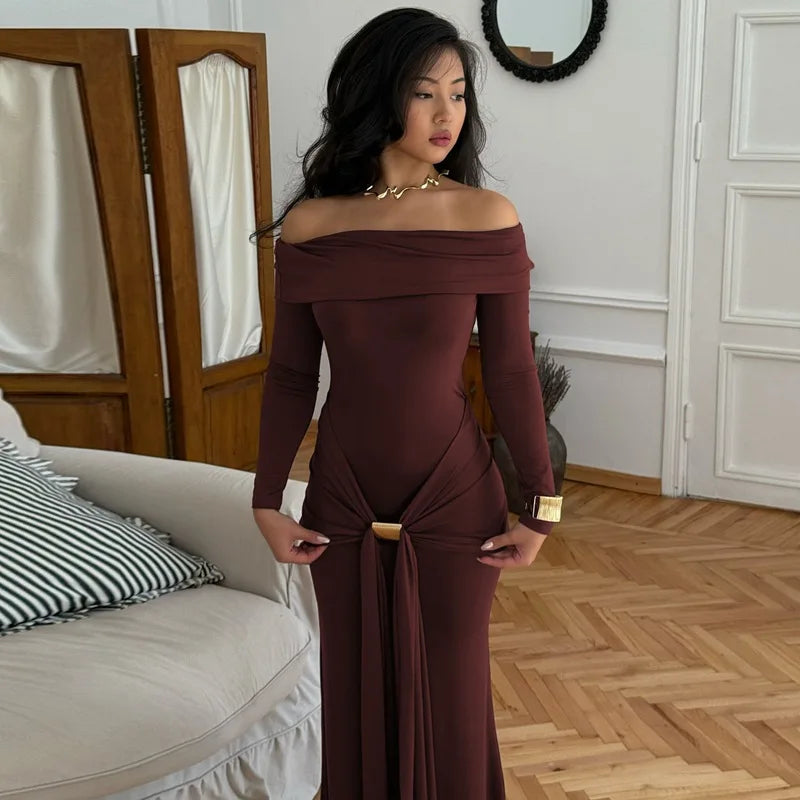 Cryptographic Elegant Off Shoulder Ruched Maxi Dress Women Party Club Outfits Autumn Long Sleeve Bodycon Dresses Gown Clothes
