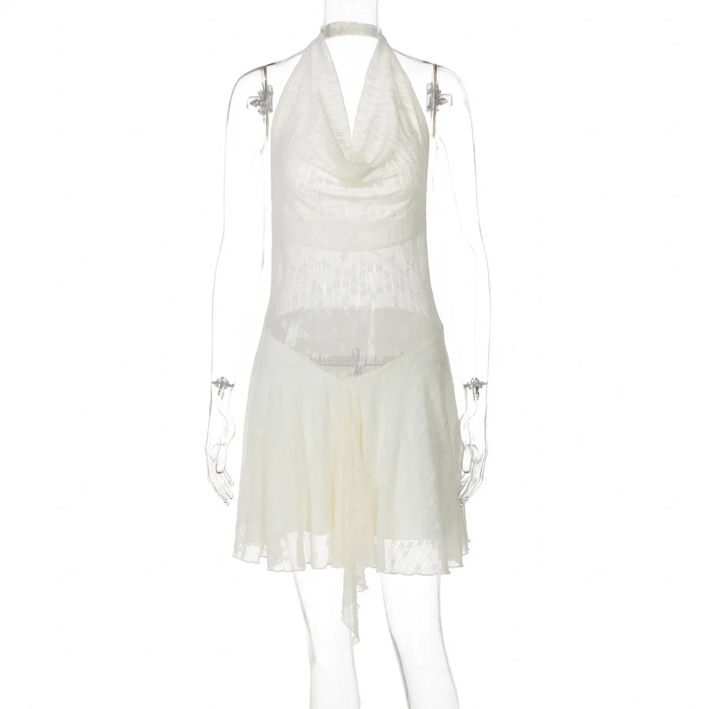 Cryptographic Fashion Halter Draped Mini Dress Sexy Backless A-Line Sheer Frill Hem Dresses Coquette Summer Vacation Vestido