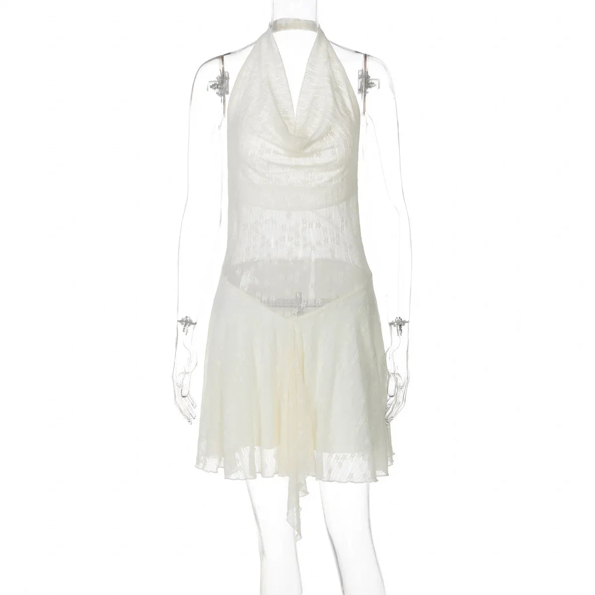 Cryptographic Fashion Halter Draped Mini Dress Sexy Backless A-Line Sheer Frill Hem Dresses Coquette Summer Vacation Vestido